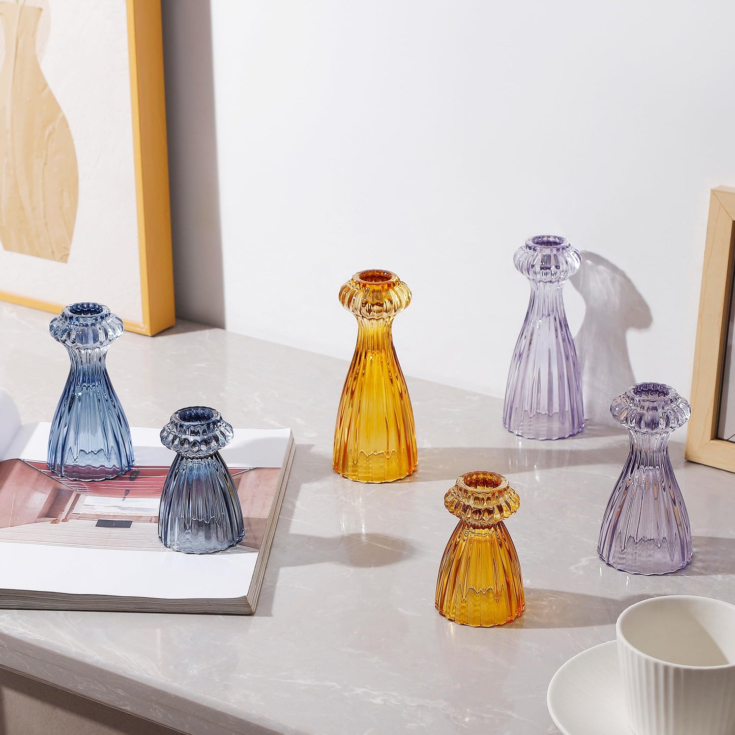 Lysenn Glass Candle Stick Holder Set of 3 – Premium Taper Candle Holders for Romantic Ambiance - Candle Sticks Holder Decor for Special Occasions - Dark Blue