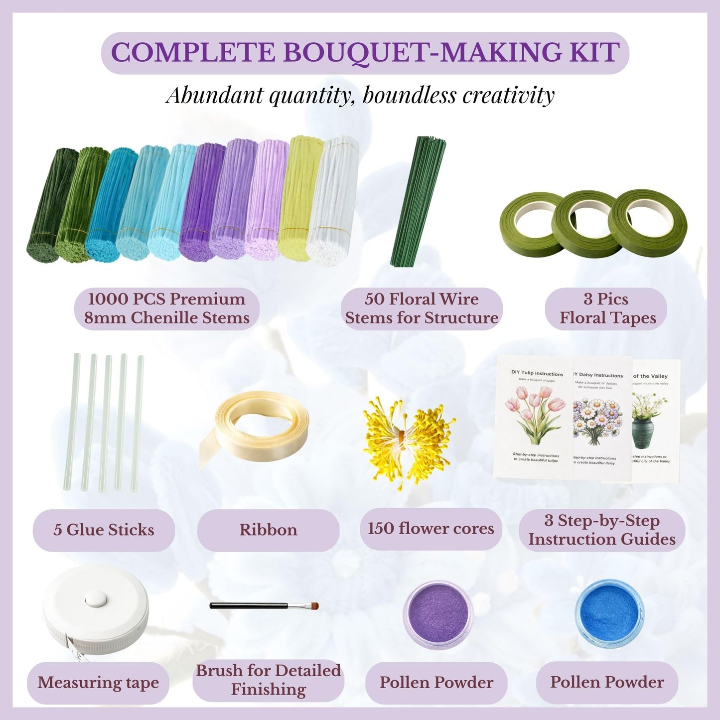 Rochoseng Pipe Cleaner Flower Kit 1000 PCS DIY Bouquet Craft Set Chenille Stems Flower Making Kit with Tools and Tutorials for Beginners and Craft Lovers