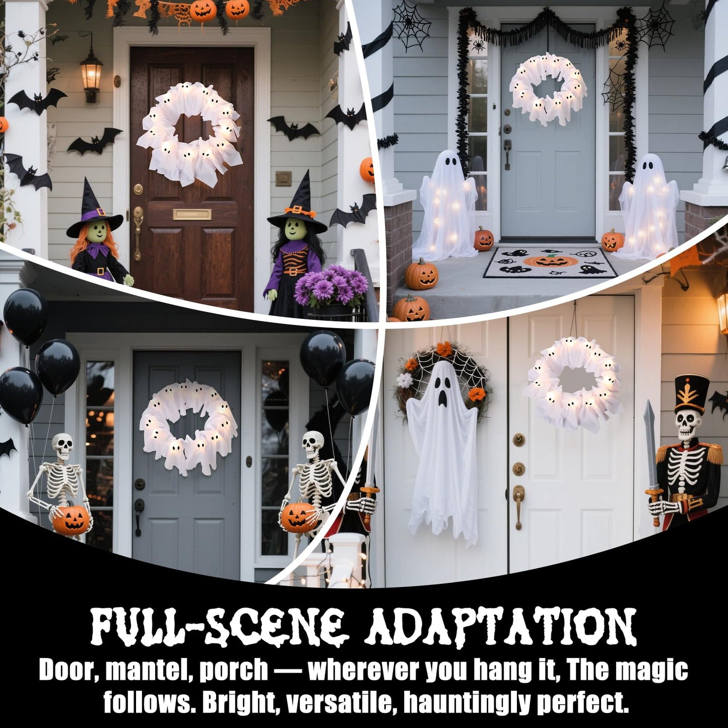 LED Light-Up Halloween Ghost Wreath, 12 Glowing White Ghost Garland, Halloween Ghost Wreath, Spooky Indoor & Outdoor Hanging Decoration for Front Door, Wall, Party