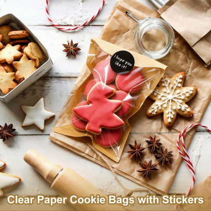 uxcell 100 Pcs Clear Paper Cookie Bags with 120 Pcs Stickers, 7.1 x 7.5 Inch Bakery Bags with Clear Window Packing for Cookies, Candy Goodie Favors Gift Giving, Yellow