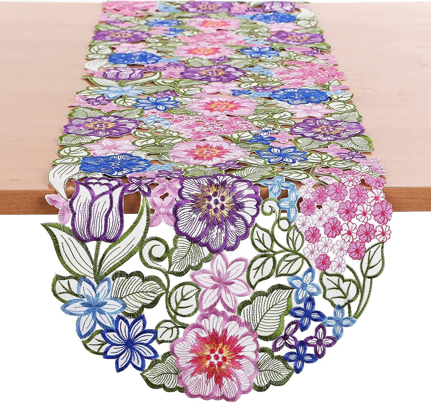Flowery Table Runner 13"×54", Cutwork Embroidered Floral Dresser Scarf for Home Kitchen Dining