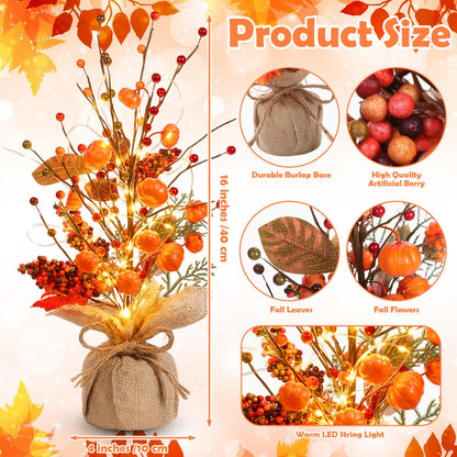 Pinkunn Fall Thanksgiving Centerpieces for Tables Decorations 16 Inch Lighted Fall Tree Tabletop with Artificial Pumpkins Berries Leaves Burlap Base Autumn Decor for Home Indoor Office Desk Party
