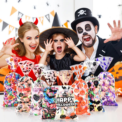 AhfuLife 200PCS Halloween Cellophane Treat Bags, 8 Designs Halloween Clear Candy Bags with Twist Ties for Treat or Treating, Snack Goodie Bags for Party Supplies Favors