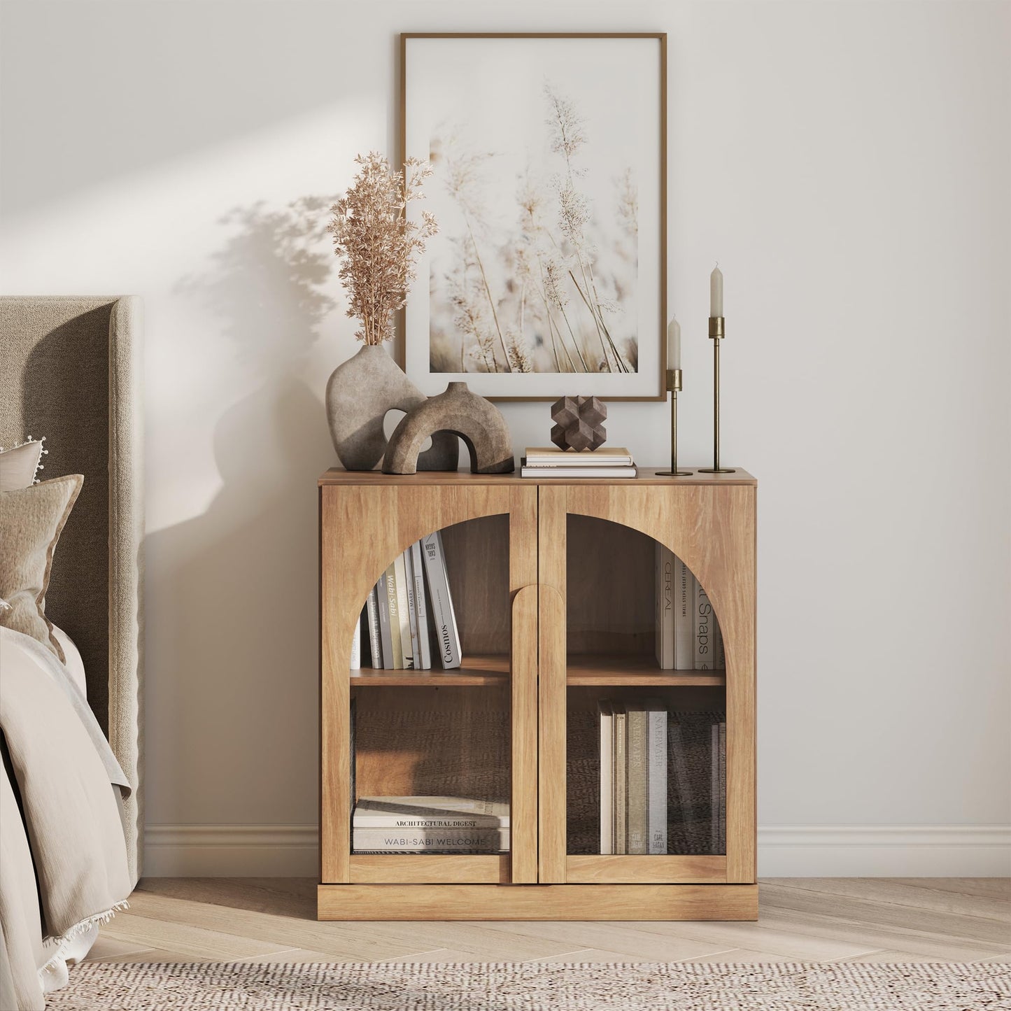 BELLEZE 2 Tier Bookshelf with Arched Glass Door, Modern Display Bookcase Shelf with Storage and Adjustable Shelves, Wood Bookshelves for Living Room Office Entryway (Camel)