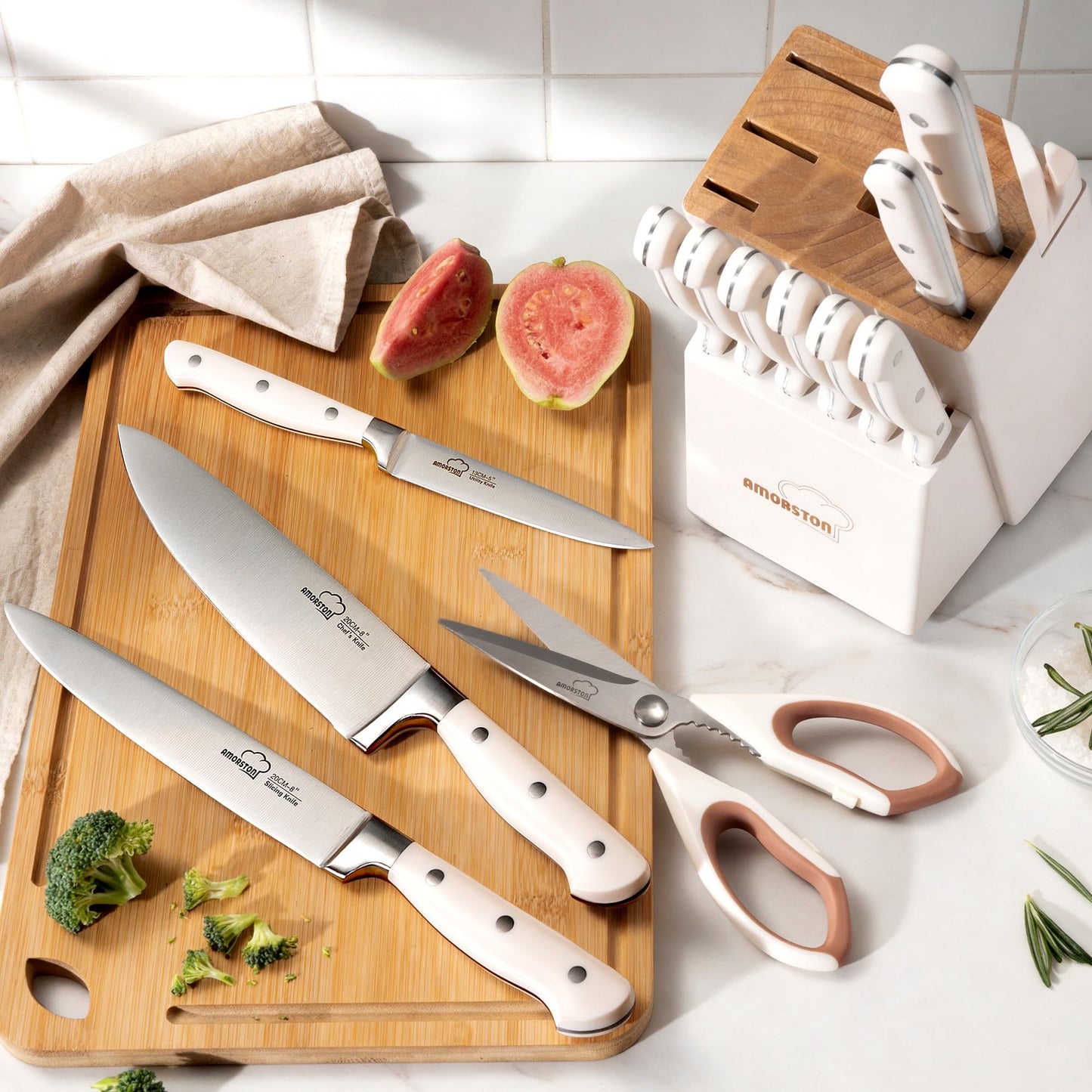 Knife Set, Kitchen Knives Set with Block and Sharpener 14 Pcs Full Tang Knives German Stainless Steel Dishwasher Safe Kitchen Utensils Set with Ergonomic Handle Gifts for Women