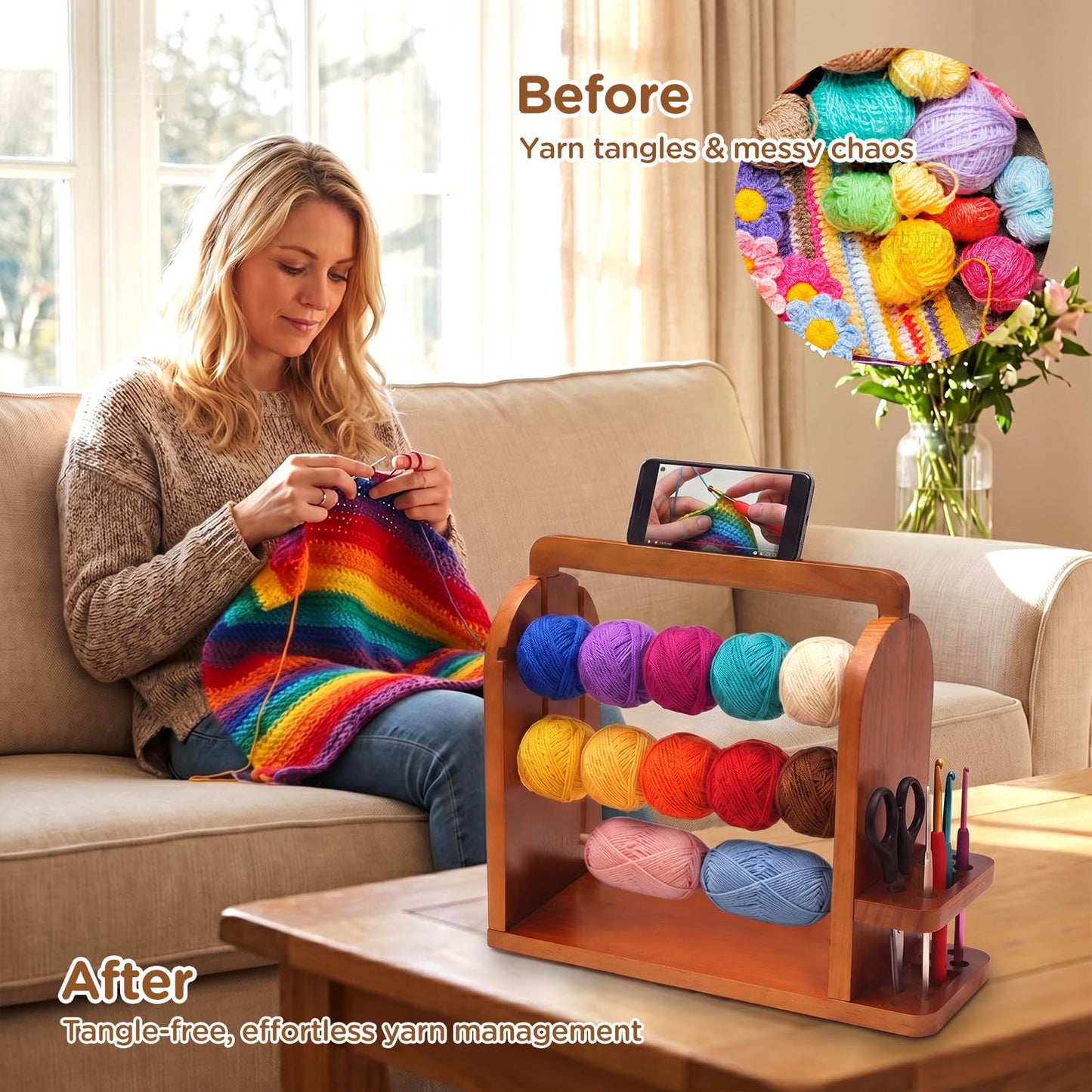 Upgraded Yarn Holder for Knitting and Crocheting, Wooden Yarn Storage Organizer with Tangle-Free 3 Rods, Phone Stand & Tool Holder, Works with Skein, Cake, Ball, Crochet Gift for Knitting Lovers