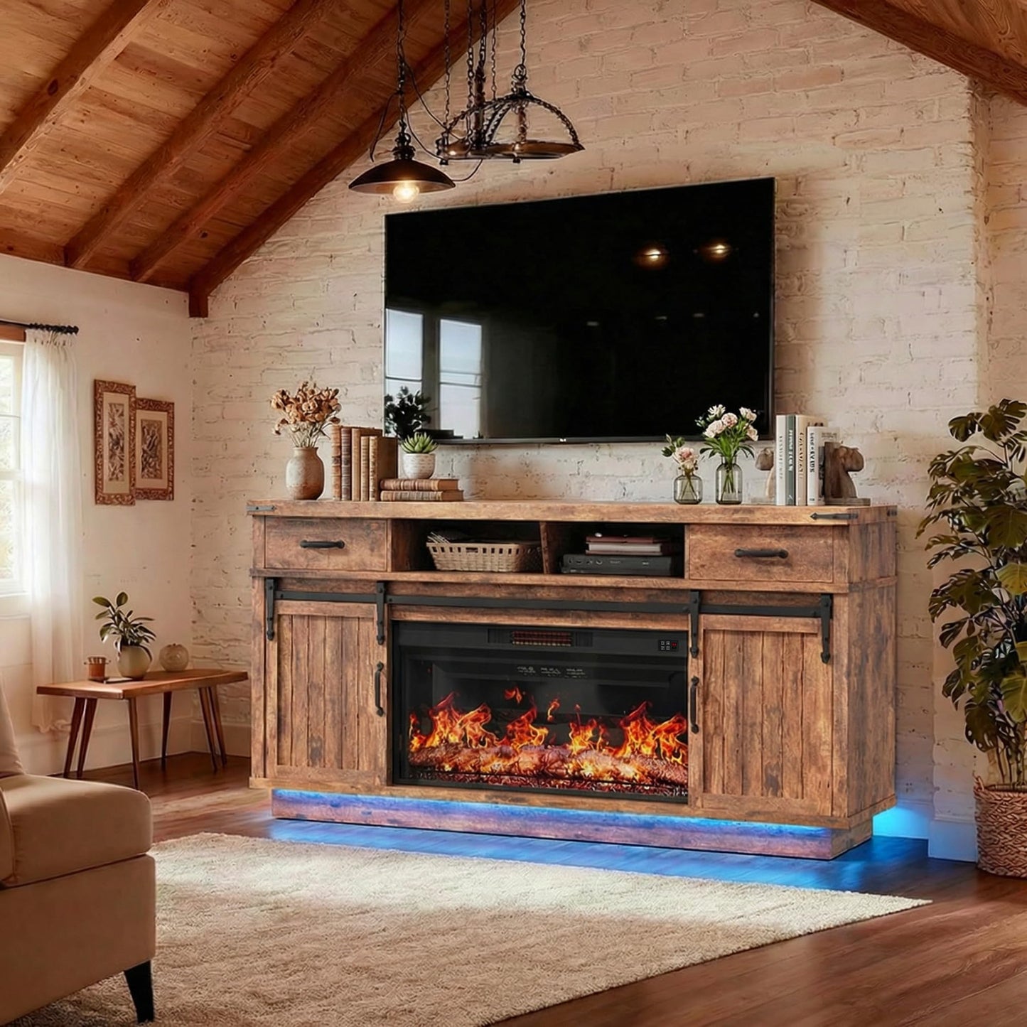 Jocoevol 58" Farmhouse Electric Fireplace TV Stand for TVs up to 65", Entertainment Center with 2 Large Storage Drawers, Sliding Barn Doors, Adjustable Shelves, TV Console for Living Room - Brown
