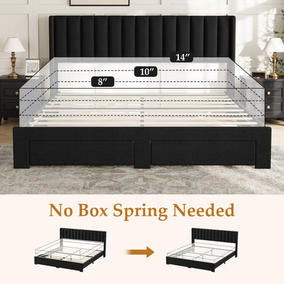 Garvee King Size Bed Frame, Velvet Upholstered Bed Frame with Wingback Headboard, 2 Storage Drawers, No Box Spring Needed, Black