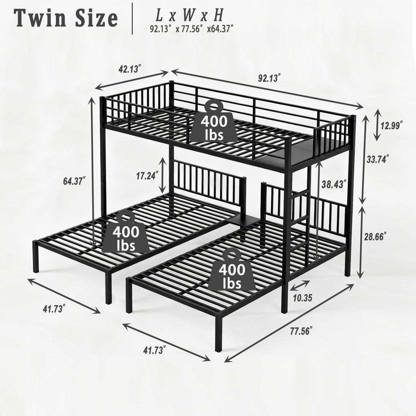 Bellemave Twin Triple Bunk Bed for Kids, Teens,Adults, Metal Twin XL Bunk Beds for 3, 3 bunk Bed for 3 Kids, Adults（Heavy Metal, Black）