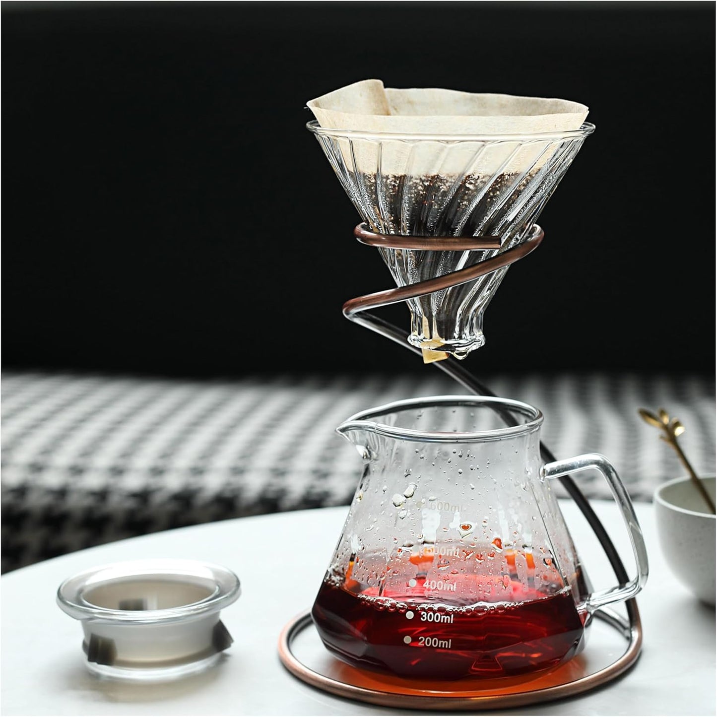Pour Over Coffee Maker Set, 20oz/600ml Dripper & Glass Lid, Metal Stand and 100 Paper Filters, 4 in 1 Set