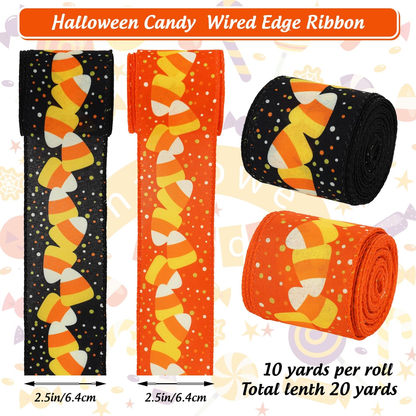 AnyDesign Halloween Wired Edge Ribbon 20 Yards Candy Corn Decorative Ribbon Orange Black Halloween Craft Fabric Ribbon for Holiday Wreath Bow Making DIY Gift Wrapping Supplies, 2 Roll