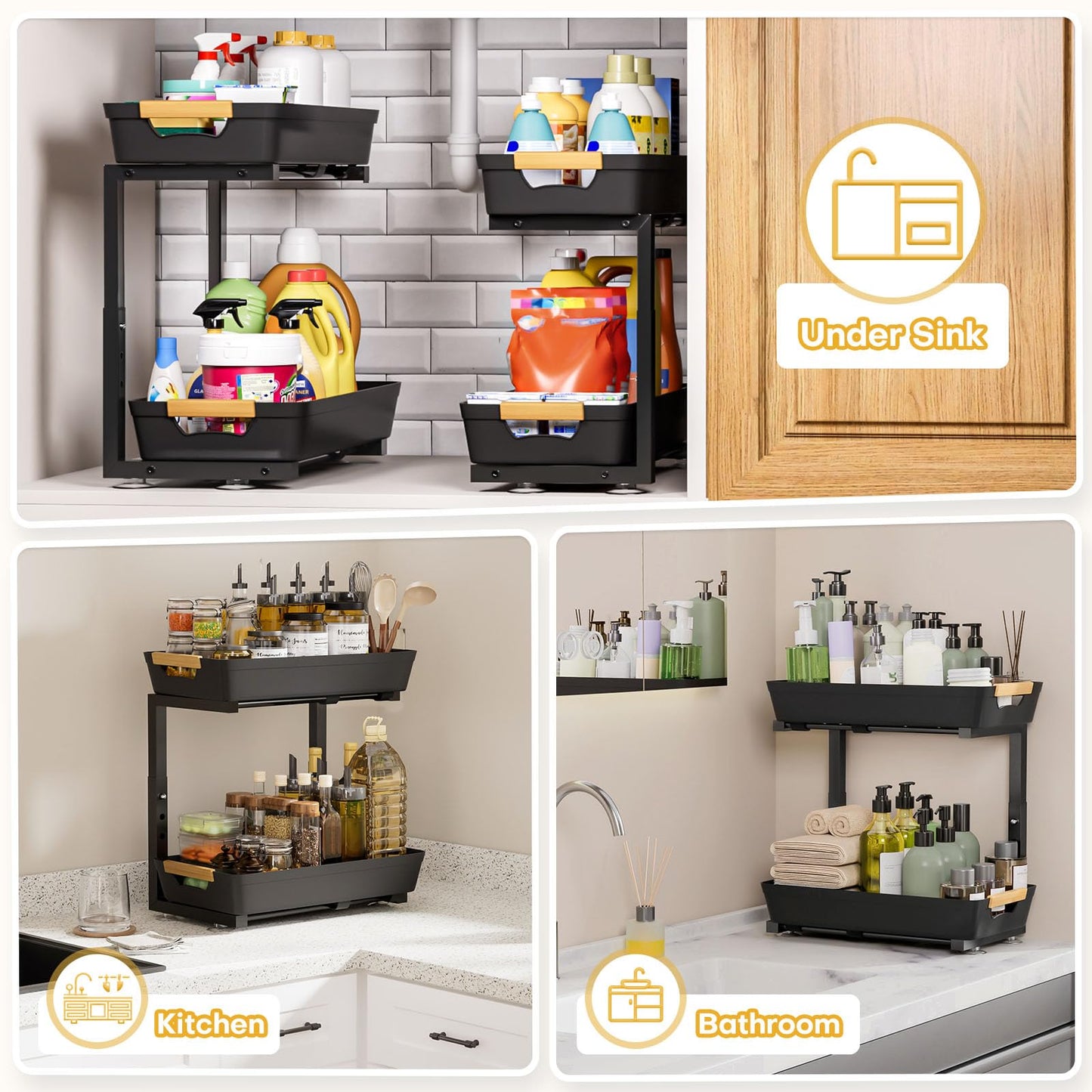 Homde 2-Tier Under Sink Organizer: 2pcs Set Adjustable Pull Out Drawer Undersink Cabinet Storage Rack for Home Kitchen Bathroom