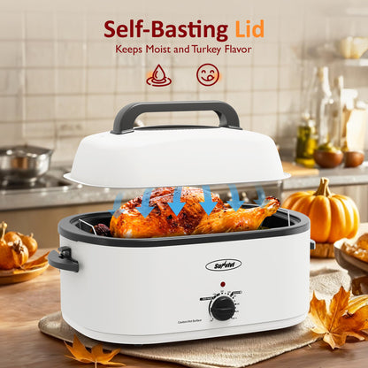 Sunvivi 24 Quart Electric Roaster Oven with Visible Self-Basting Lid, Turkey Roaster Oven with Removable Pan and Rack, Perfect for Large Meals and Holiday Feasts, White