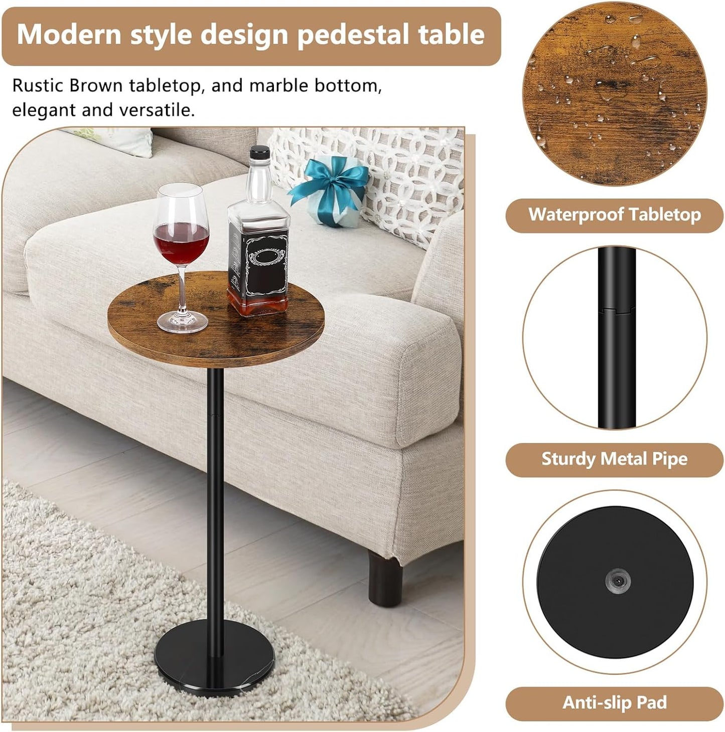 OYEAL Drink Side Table Small Round Cocktail Table for Patio Outdoor Pedestal Side Table Coffee Table with Black Marble
