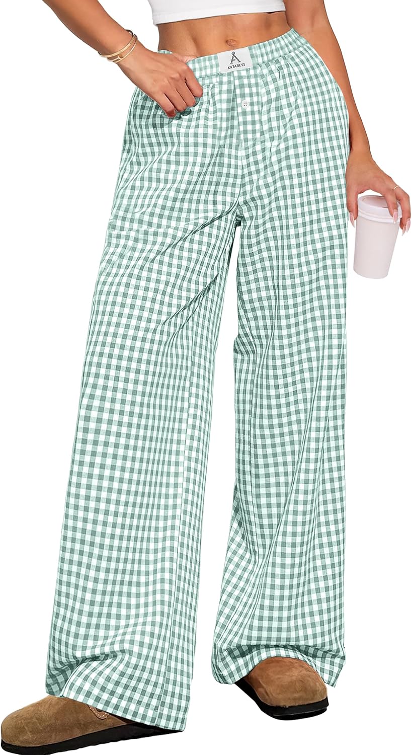 ANRABESS Womens Striped Gingham Pants 2025 Pajama Lounge Boxer Pants Cute Comfy PJ Bottoms with Pockets Y2K Plaid Outfits