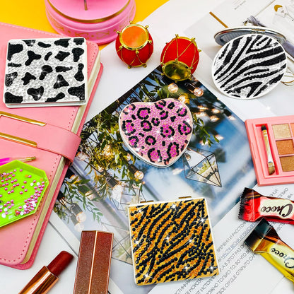 FILASLFT Diamond Painting Compact Mirror Crystal Makeup Mirror DIY Diamond Art Mirror Pocket Mirror Portable 4 Pcs Christmas Birthday Gifts for Women Girls(Animal)