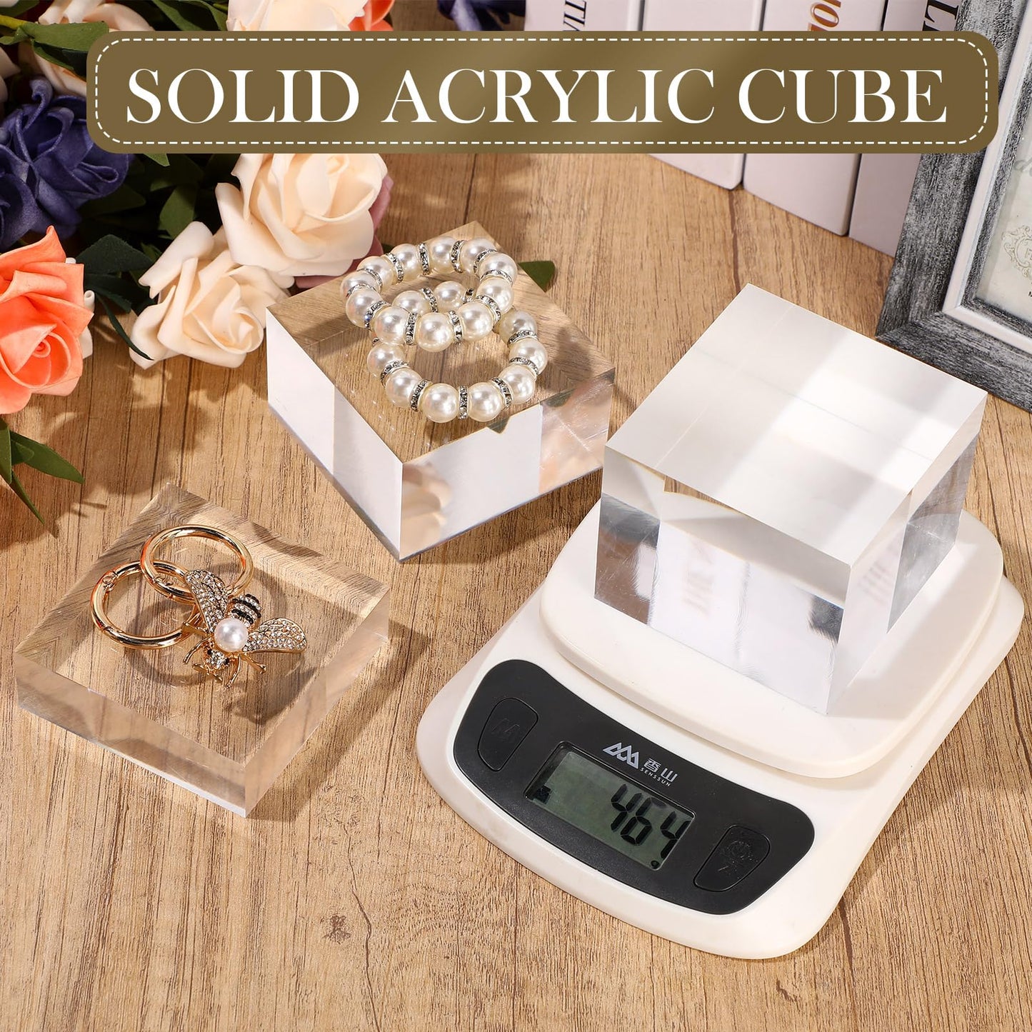 Geelin 6 Pcs Acrylic Risers Stand Display Block Decor Riser 3 Size Decor Clear Polished Cube Solid Pedestal Stand for Jewelry Perfume Photography Collection Food Doll Wedding High Density (Square)