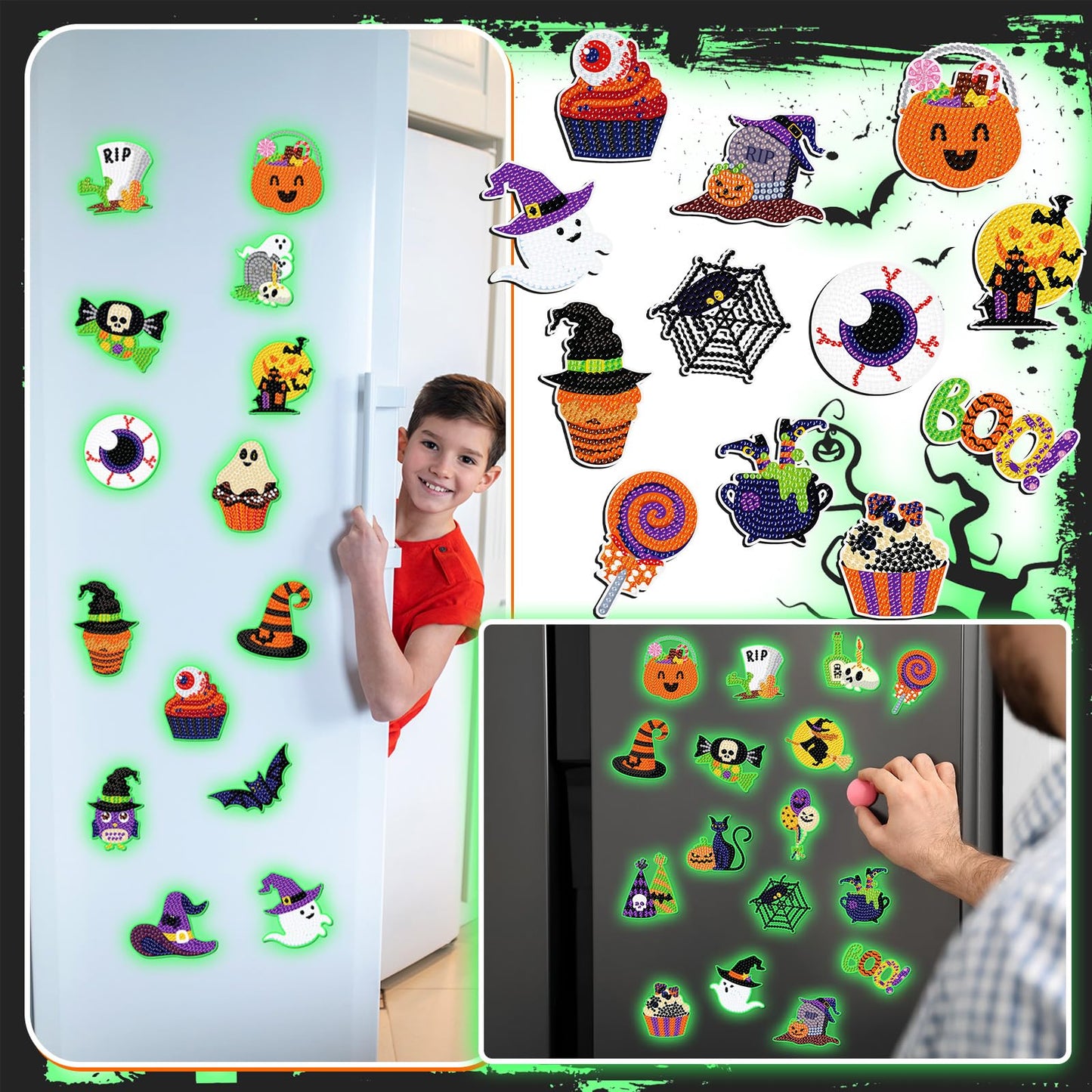 Motipuns 30 Pcs Luminous Halloween Diamond Painting Magnets Kits Glow in The Dark Diamond Art Fridge Magnet Refrigerator Sticker for Beginners Kid Adults Home Decors DIY Art Craft Gifts