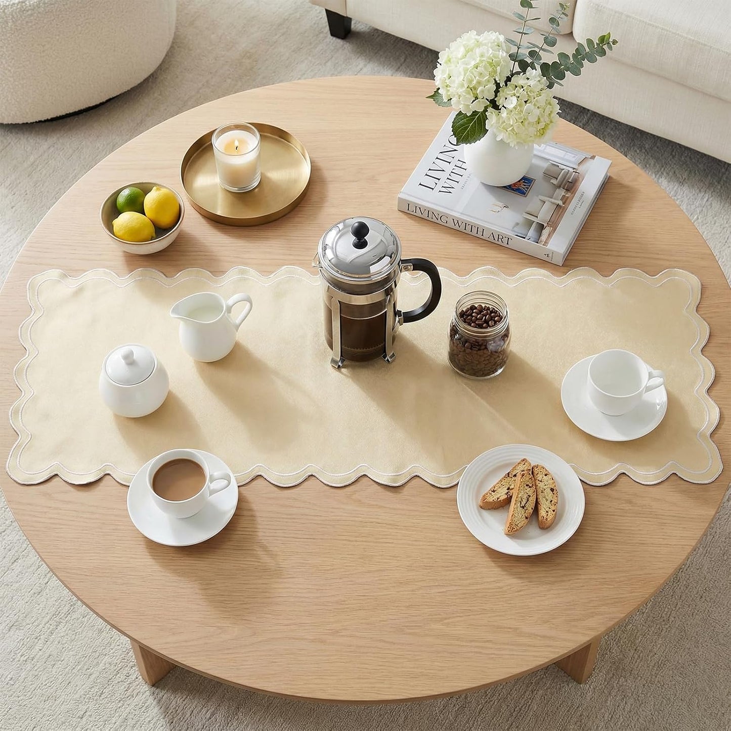 15 36 Inch, yuboo Small Scalloped Table Runner x Vintage Short Champagne Coffee Table Cover, Dresser Scarf for Bedroom