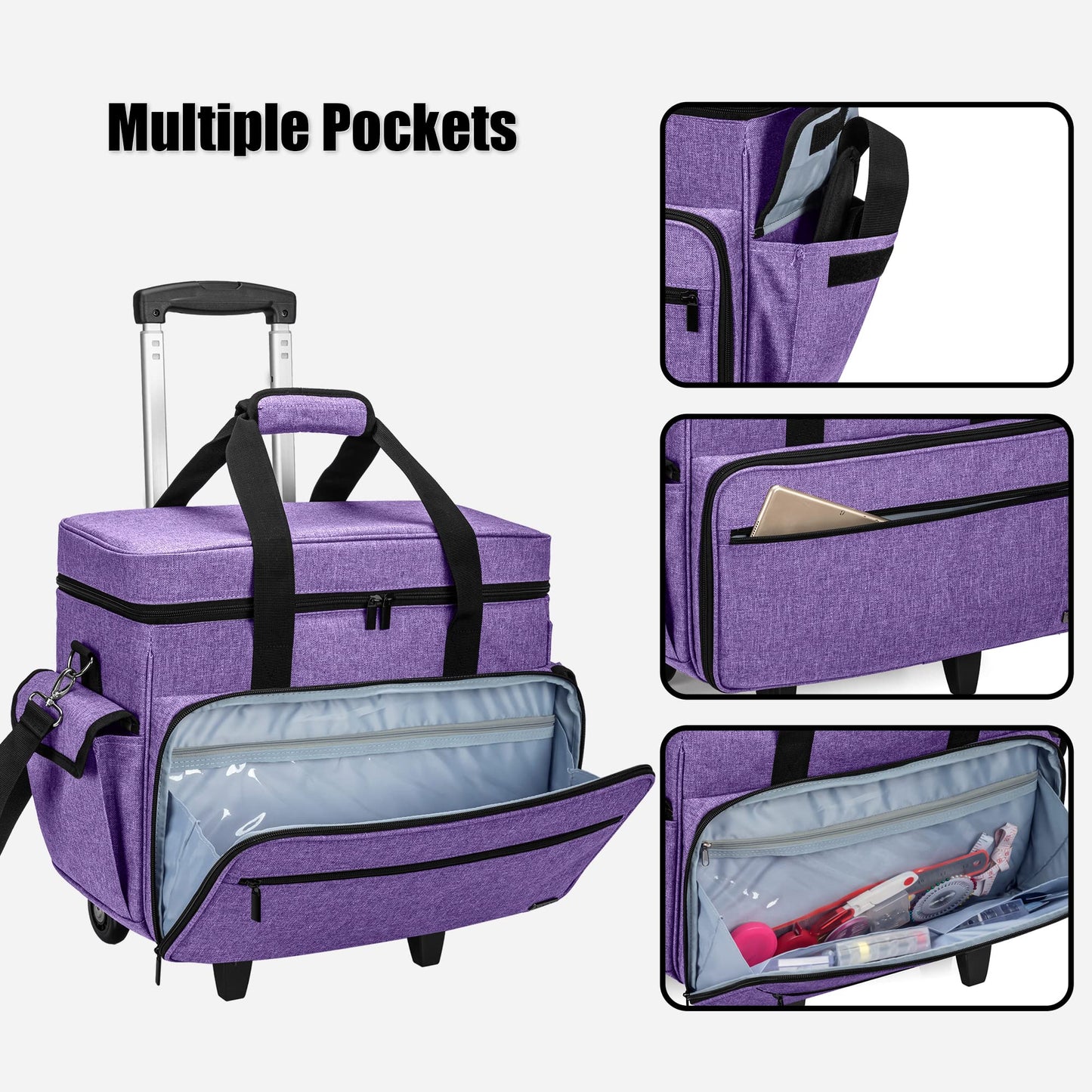 Teamoy Sewing Machine Case with Detachable Wheels, Rolling Sewing Machine Tote with Wheels and Bottom Wooden Pad, Compatible with Singer, Brother and Most Majority Machines and Accessories, Purple
