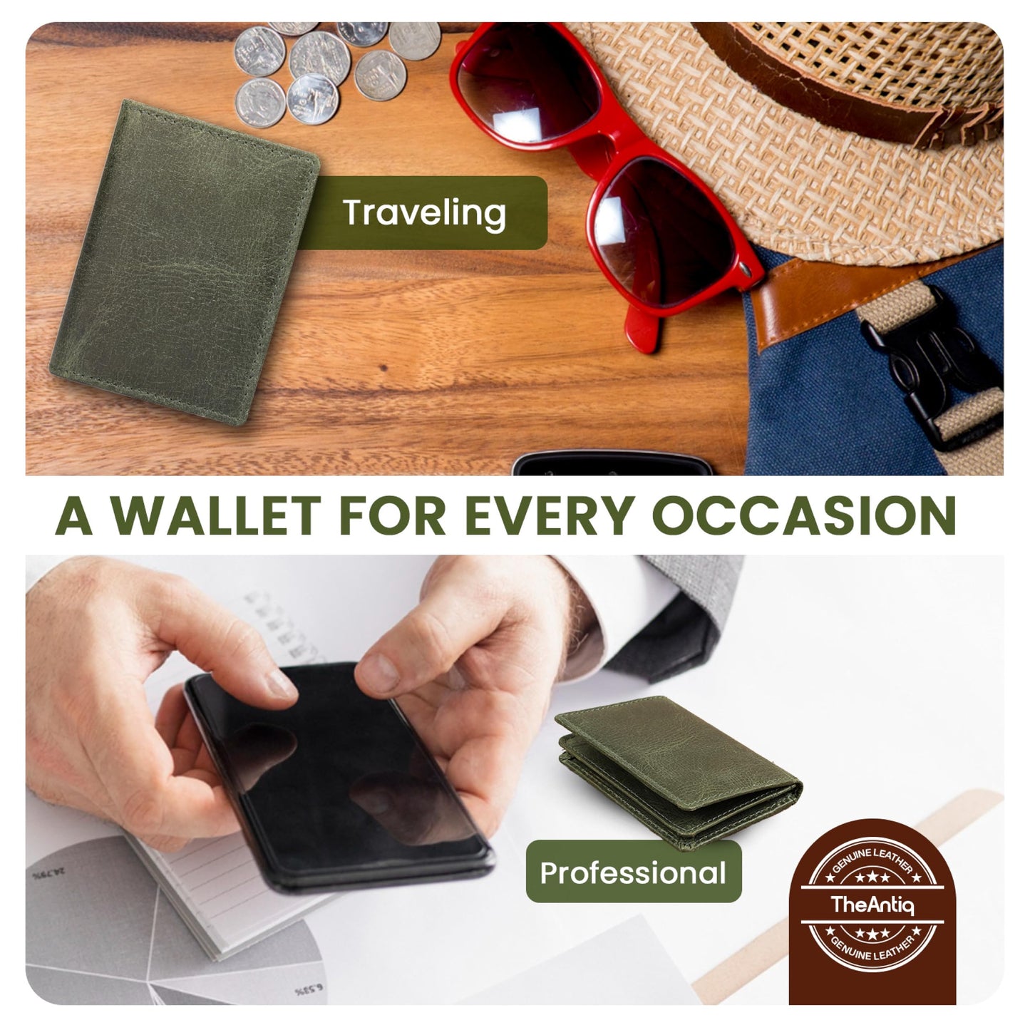 TheAntiq Premium Leather Card Wallet, RFID Blocking Expandable Business Card Case, Bifold Card Holder for Men and Women, Men's Purse, Wallet for Men (Business Card Wallet, Green)