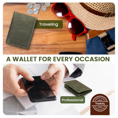 TheAntiq Premium Leather Card Wallet, RFID Blocking Expandable Business Card Case, Bifold Card Holder for Men and Women, Men's Purse, Wallet for Men (Business Card Wallet, Green)