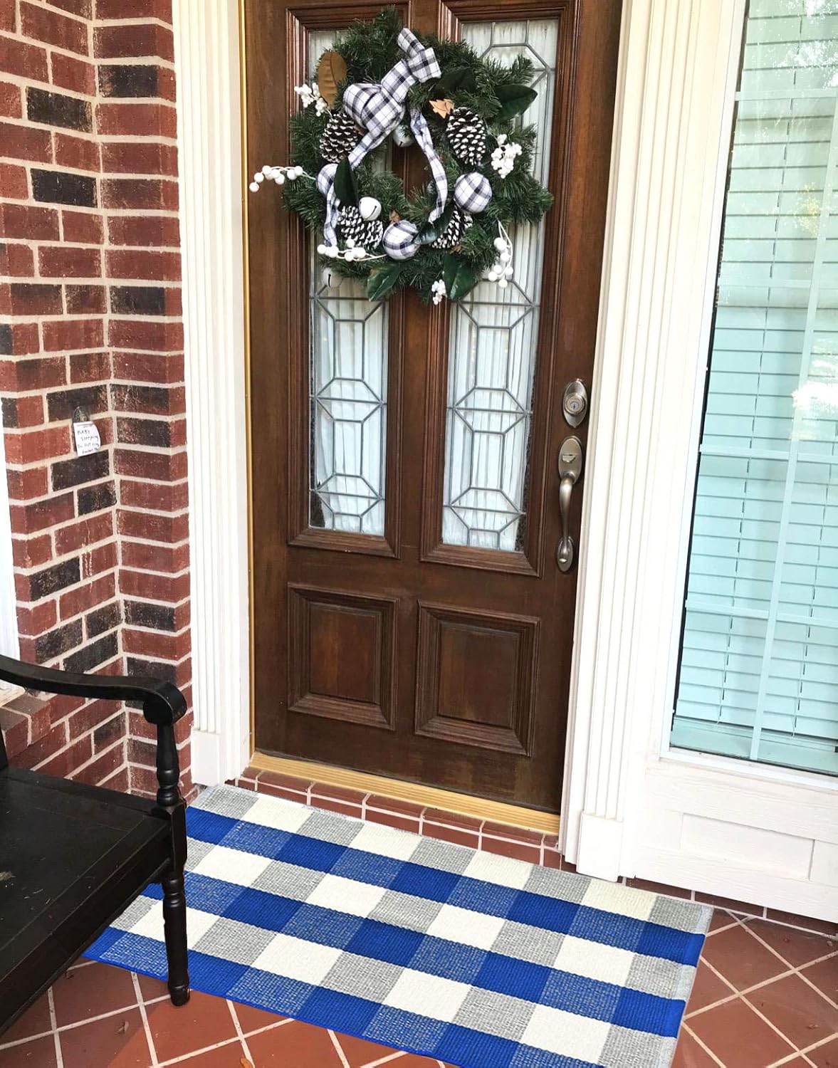Ukeler Layered Door Mats, Washable Blue and White Buffalo Check Kitchen Rugs, 51.2''×23.6''