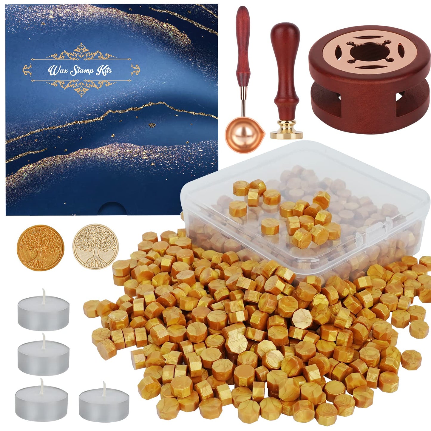 Yagugu Wax Seal Stamp Kit - 357Pc Set with Wax Beads, Seal Stamp, Warmer, Spoon, Candles for Vintage Envelopes & Letters - Gold