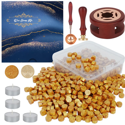 Yagugu Wax Seal Stamp Kit - 357Pc Set with Wax Beads, Seal Stamp, Warmer, Spoon, Candles for Vintage Envelopes & Letters - Gold