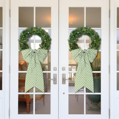 HunnmingRe Christmas Wreath Sash - 2 Pcs Green Block Print Bow | 24 x 16 Inch Holiday Decor
