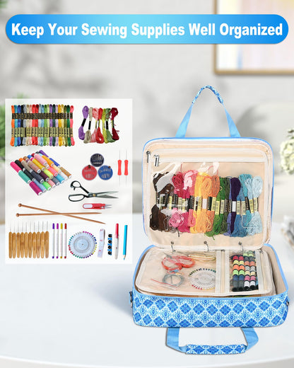 Telawsfun Sewing Supply Storage Bag with Removable Binder, Large Capacity Sewing Organizer Tote With Multi Pocket for Threads, Needles, Scissors, Craft Supplies(Blue Floral)