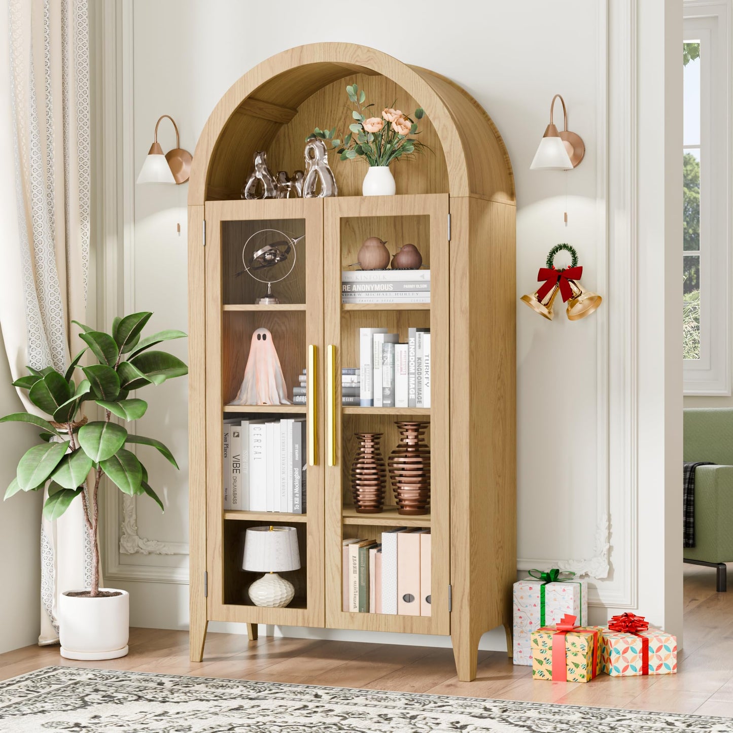 Topcomfy 63" Arched Display Cabinet with Glass Doors, 5-Tier Display Cabinets for Collectibles Wood Display Cabinet with Adjustable Shelves Display Curio Cabinet for Living Room Office, Oak