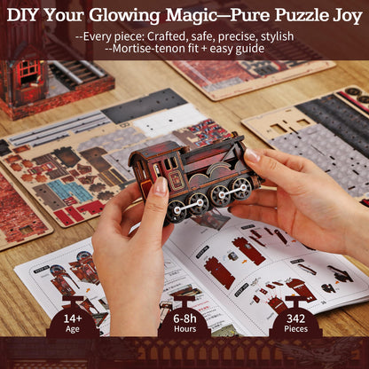 Magic Platform DIY Book Nook Kit Interactive 3D Wood Puzzle LED Magical Miniature with Infinite Mirror Extension Space DIY Bookshelf Insert Decor Gifts Miniature House Magic Express Diorama Scenery
