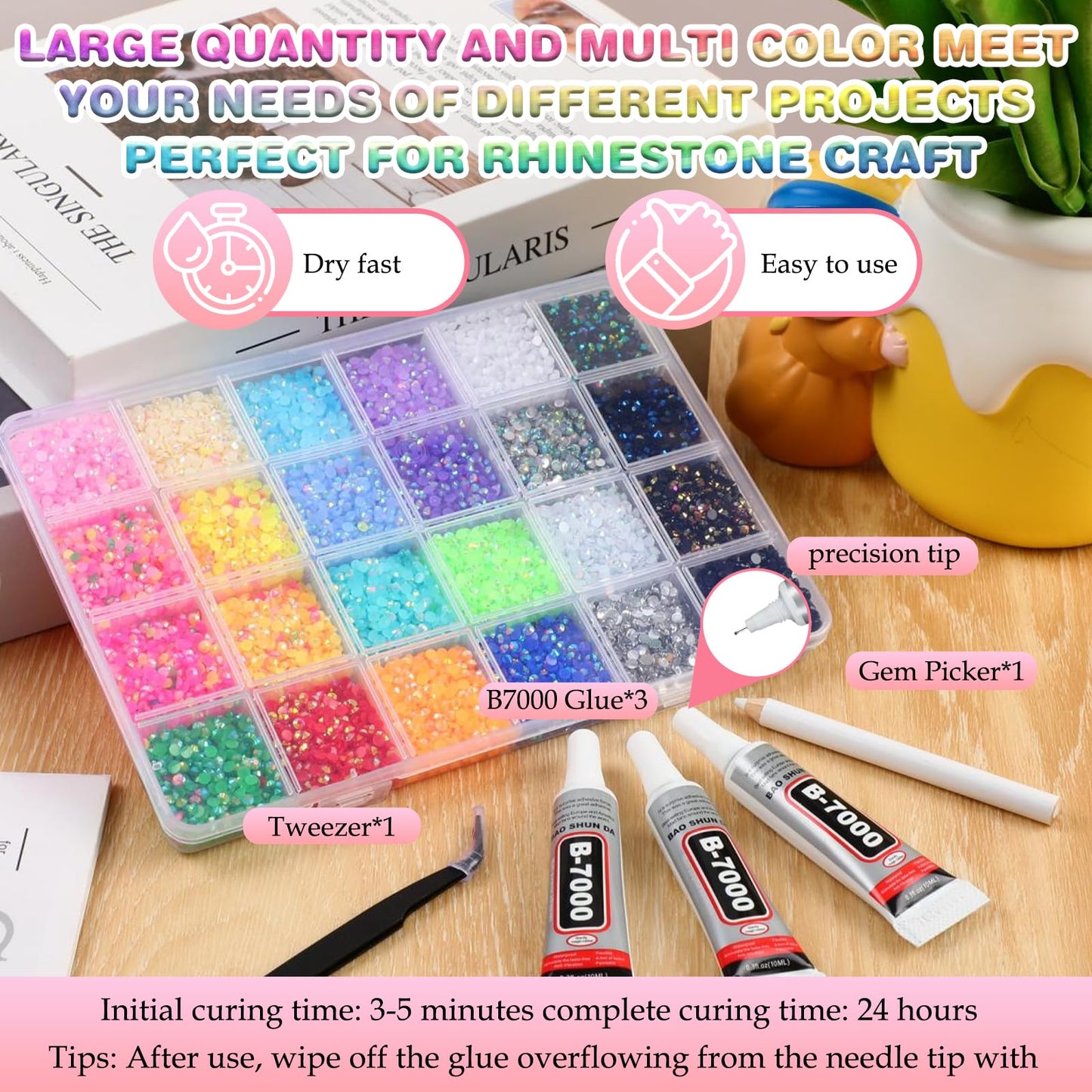 3mm Colorful DIY Resin Rhinestone Kit for Bedazzling, Multicolor Flatback Gems, 3Pcs 10ml B7000 Jewelry Glue for Bedazzled Nail Art Clothing Shoes Nail Book Diamond Art (32000)