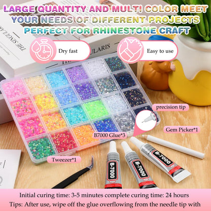3mm Colorful DIY Resin Rhinestone Kit for Bedazzling, Multicolor Flatback Gems, 3Pcs 10ml B7000 Jewelry Glue for Bedazzled Nail Art Clothing Shoes Nail Book Diamond Art (32000)