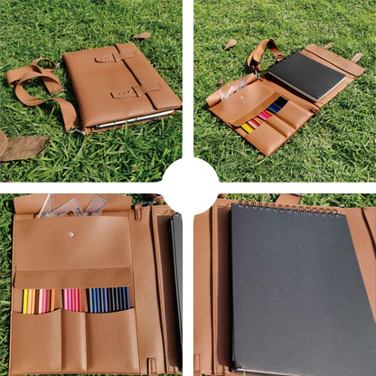 INNOYUMLIN Leather Sketch Book Cover, Leather Sketchbook Holder for 9"x12", Travel Sketch Board Pad Pencil Holder, Drawing SketchBook Cover Pencil Case, Painter Artist Sketch Pad Holder (Large)