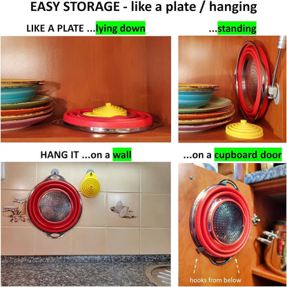 Collapsible Colander and Funnel - Stainless Steel Meets Red Silicone. RV Accessories for Inside, Camper Organization and Storage Idea, Motorhome, Camp or Travel Trailer, 5th Wheel, Boat, Small Kitchen