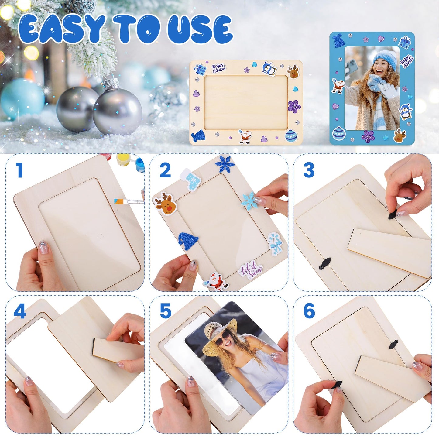 Fovths 36 Packs Winter Picture Frame Painting Craft Kit Wooden DIY Photo Frame with 250 Foam Stickers Brushes Set Holiday Art Party Favor DIY Paint and Decorate