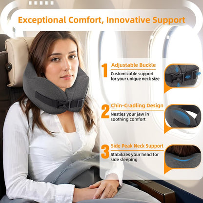 nadachi Neck Pillow Airplane Travel Set - Pure Memory Foam Travel Neck Pillow, Plane Pillow for Long Flights Essentials, Sleeping with 3D Contoured Eye Mask, Earplugs, Portable Bag (Darkgray-M)