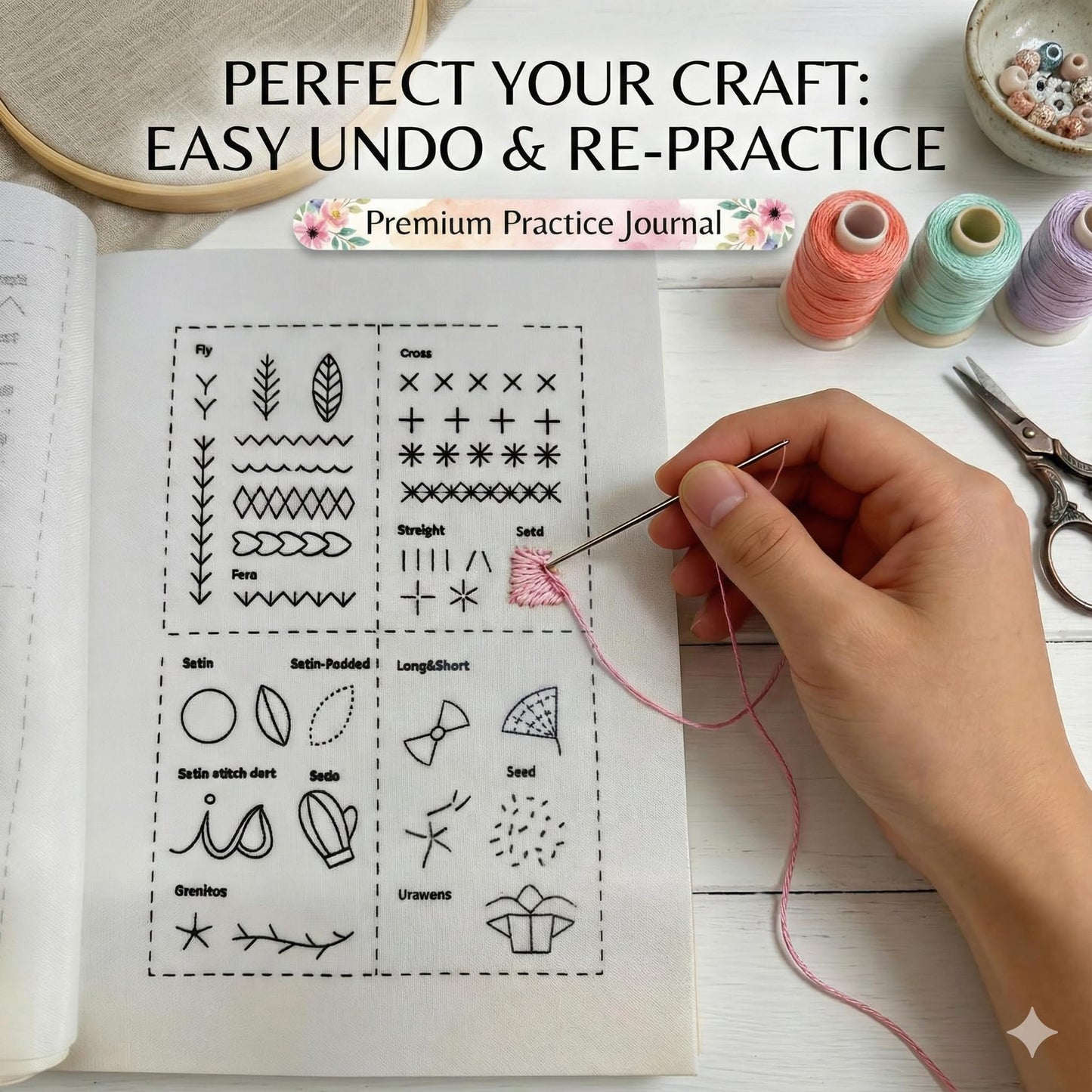 trumpisame DIY Embroidery Stitch Practice Book Kit - Learn 106 Stitches Manual, 86Pcs Complete Starter Set with Magnifier, Metal Thimble, Pre-Printed Linen Pages&106 Floral Patterns