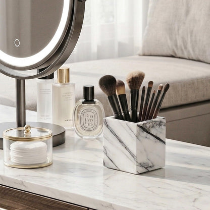 WORHE Natural Lilac Marble Toothbrush Holder 3.93Inch Solid Stone Makeup Brush Organizer, Luxurious Pen Holder, Square Utensil Storage Container for Bathroom, Office, Countertop Home Decor (WH097)