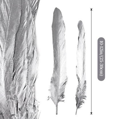 iHUFeather Natural Rooster Tail Feathers 50pcs 10-12inch Long Rooster Coque Tail Feathers Bulk for DIY Crafts Costume and Halloween Party Performances Decoration(Silver)
