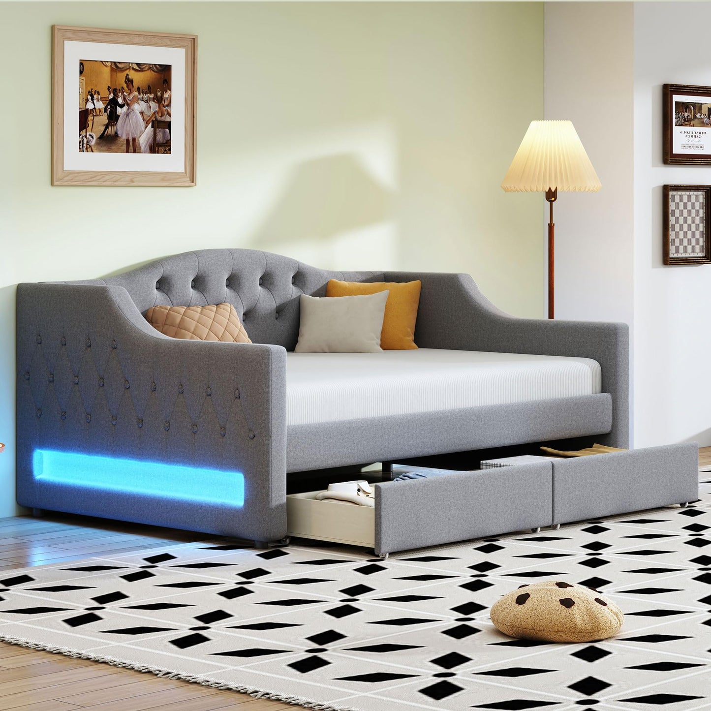 Merax Twin XL Size Modern Upholstered Platform Bed with 2 Drawers, Linen Sofa Daybed with Wood Slat Support, Storage Bed Frame, Space Saving/Gray