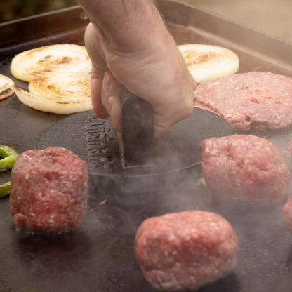 Cuisinart 6.5" Cast Iron Smashed Burger Press, Round Flat Edge Grill Press for Crispy Smash Burgers, Burger Tool for Grill and Griddle Accessories, for BBQs and Tailgates