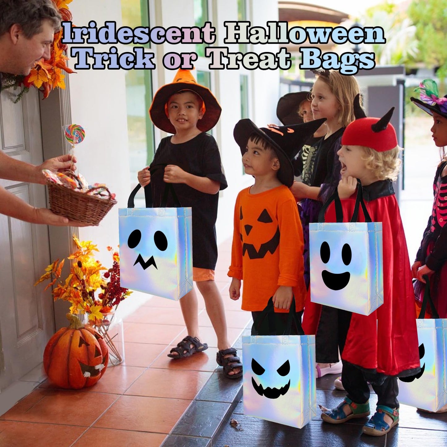 KAWZBYN 30 Pcs Halloween Ghost Gift Bags Iridescent Holographic Candy Goodie Bag Reusable Non woven Gift Bags for Girls Halloween Trick or Treat Party Supplies Favors, 8''x4''x10''