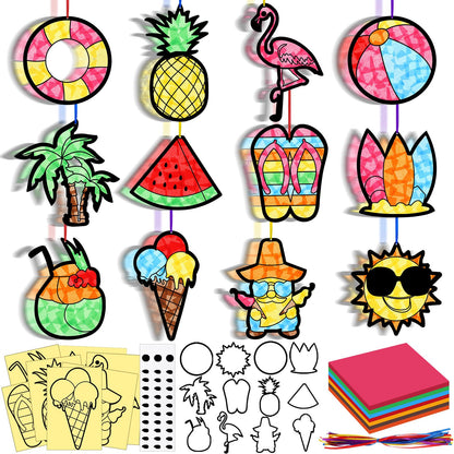 AmazingSpark 36 Pcs Summer Suncatchers Paper Craft Set, DIY Flamingo Hawaii Stained Glass Effect Tissue Paper Kits Bulk for Windows, Art Parties, Beach Decorations, Favors and Gifts