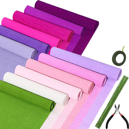 Leinuosen 115 Pcs Crepe Paper Flower DIY Kits 12 Rolls 10 x 98 Inch Crepe Paper Rolls Sheets 100 Floral Iron Wire 1 Wire Cutter 2 Tapes for Birthday Party Wedding Wreath Flower Making(Elegant Colors)