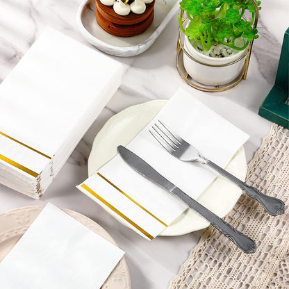 300 Pcs Disposable Guest Towels Guest Napkins Hand Towels for Wedding Graduation Bathroom Kitchen Party Dinners or Events (Gold,Stripe Pattern)