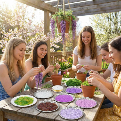 Potchen 13155 Pcs Wisteria Craft Beaded and 5 Inch Clay Pot Planter DIY Set, Glass Beads Plant Flower Making Kit with Artificial Moss Hanging Rope Purple Nature Series Colorful Crystal Leaf Jewelry