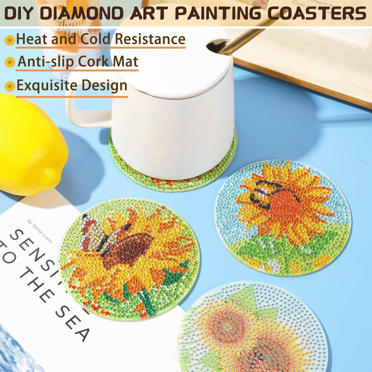 UPINS 8Pcs Sunflower Diamond Art Painting Coasters for Drinks DIY Coaster Diamond Art Kits for Adults Diamond Art Craft Supplies (Sunflower)